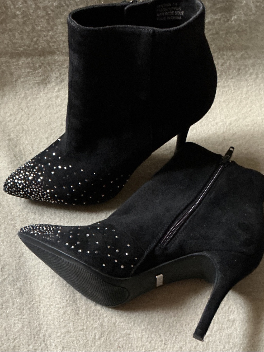 Zigi Soho Black Suede Pointed Toe Ankle Booties with Crystal Studs